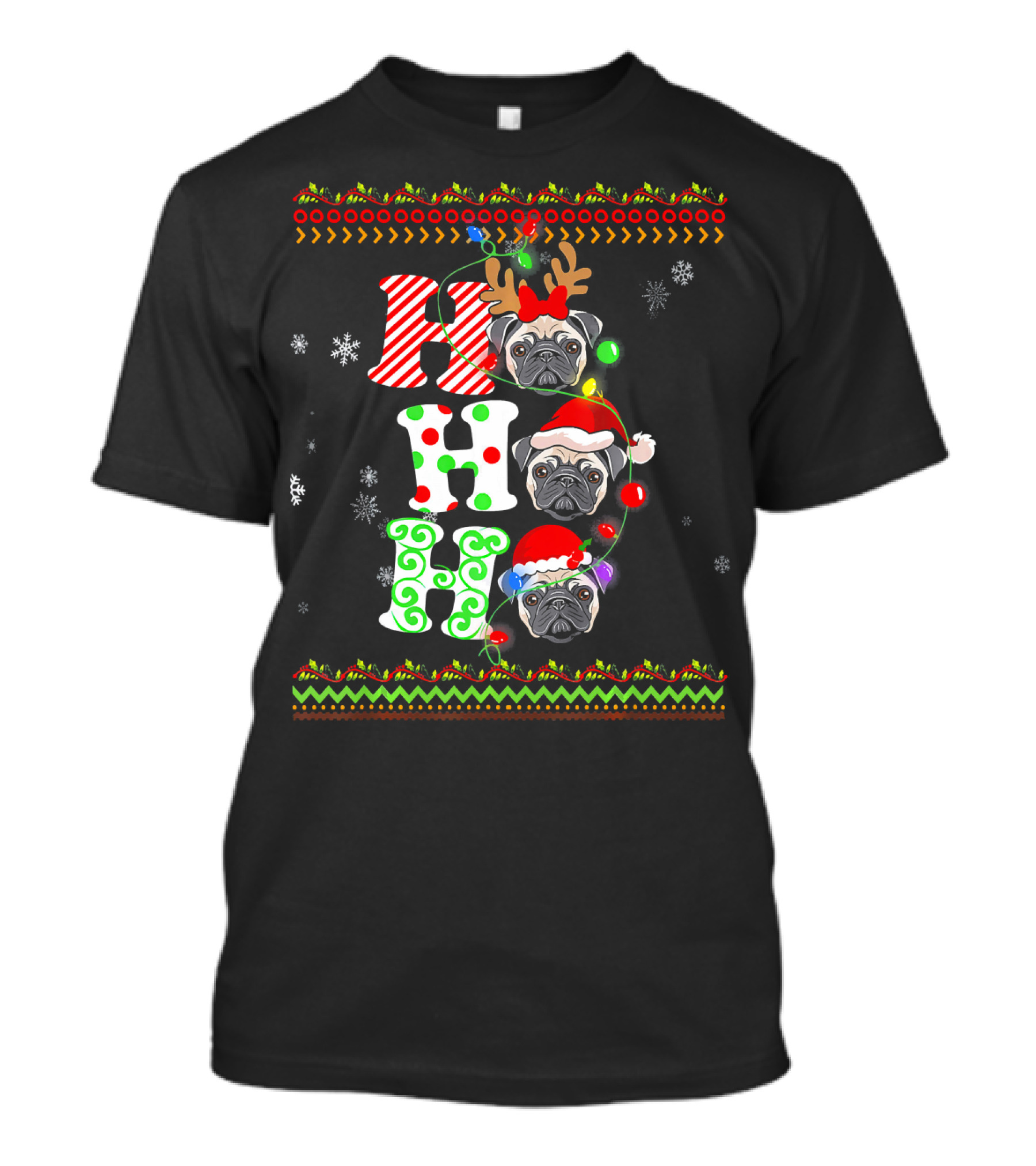 Pug Dog Ho Ho Ho Santa Hat Reindeer Antlers Christmas Lights Snowflakes T-Shirt