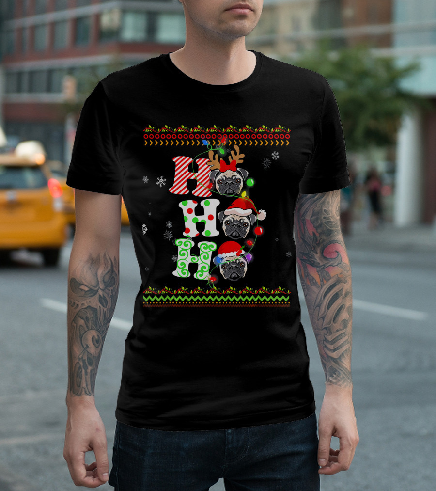 Pug Dog Ho Ho Ho Santa Hat Reindeer Antlers Christmas Lights Snowflakes T-Shirt