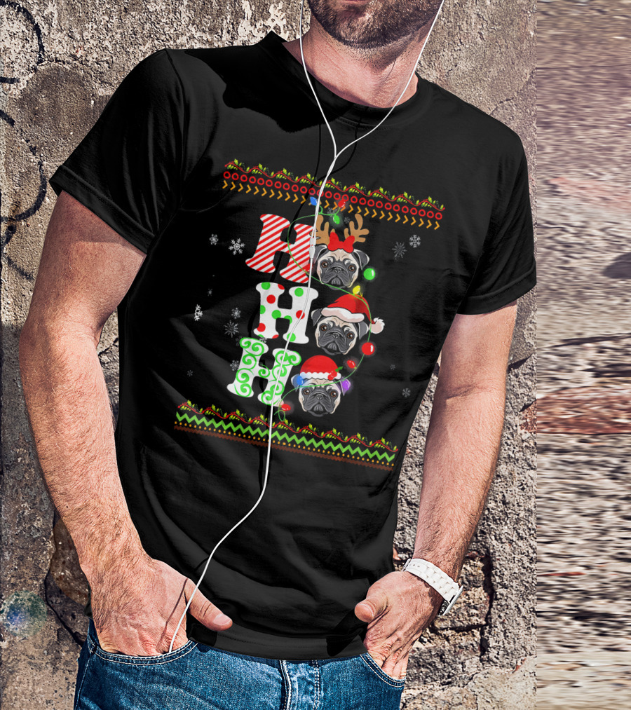 Pug Dog Ho Ho Ho Santa Hat Reindeer Antlers Christmas Lights Snowflakes T-Shirt