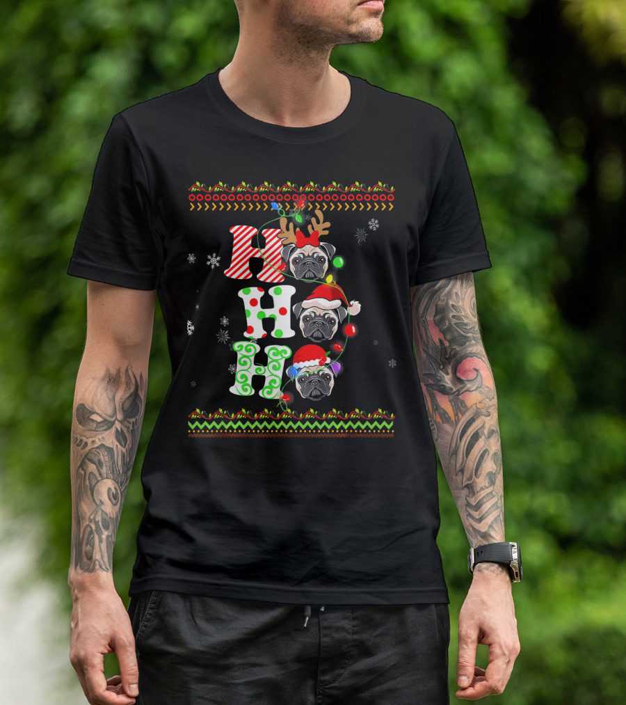 Pug Dog Ho Ho Ho Santa Hat Reindeer Antlers Christmas Lights Snowflakes T-Shirt