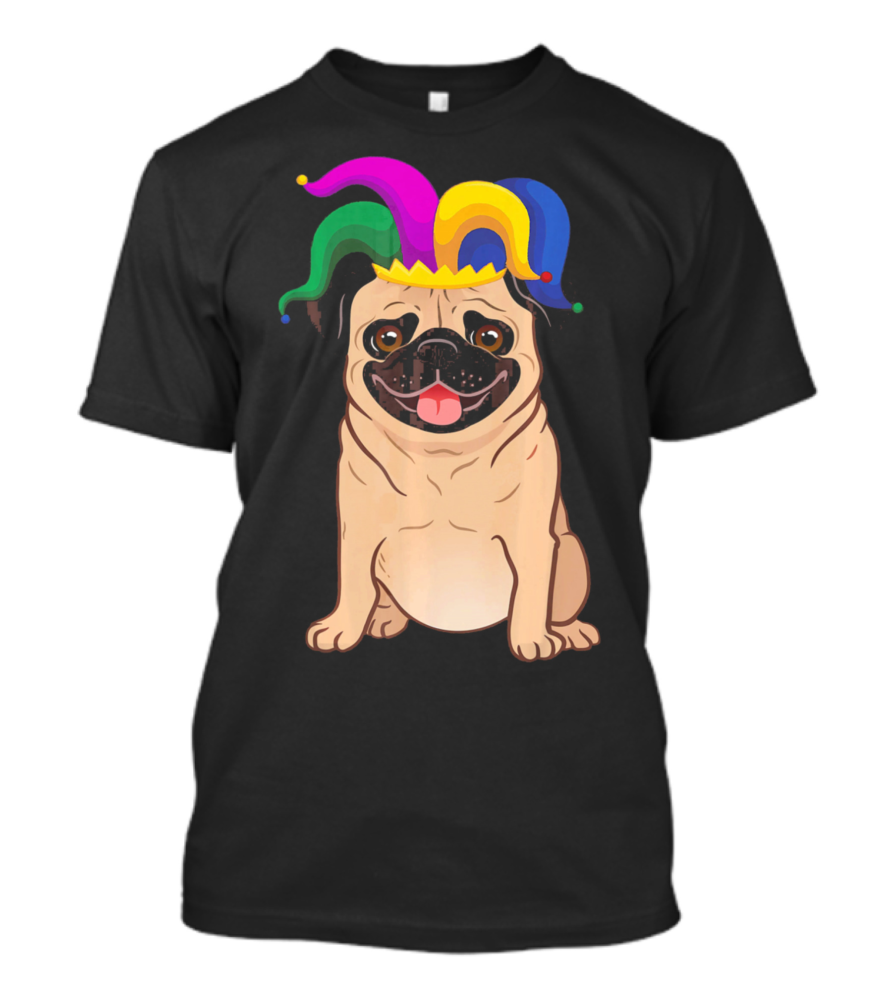 Pug Dog With Colorful Jester Hat For Mardi Gras T-Shirt