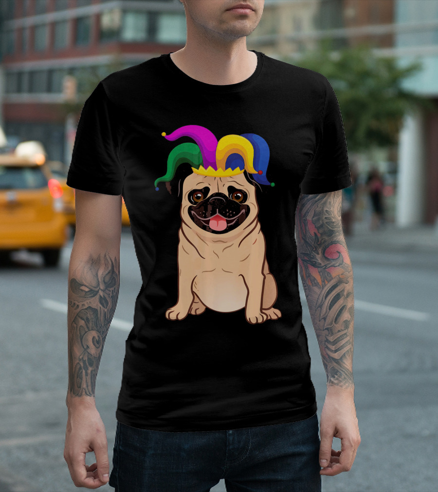 Pug Dog With Colorful Jester Hat For Mardi Gras T-Shirt