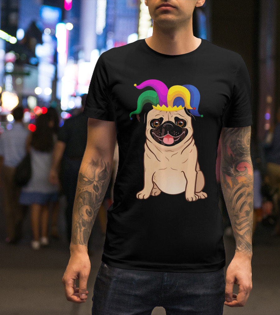 Pug Dog With Colorful Jester Hat For Mardi Gras T-Shirt
