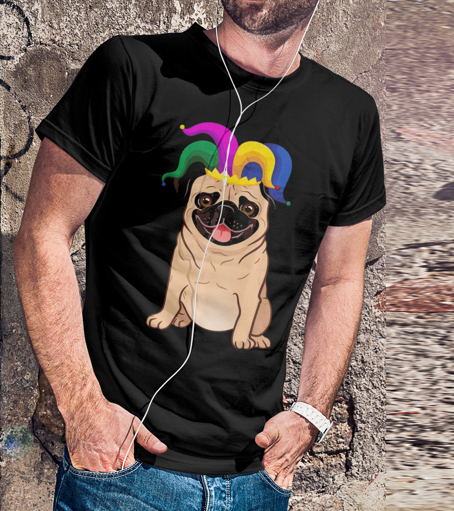 Pug Dog With Colorful Jester Hat For Mardi Gras T-Shirt