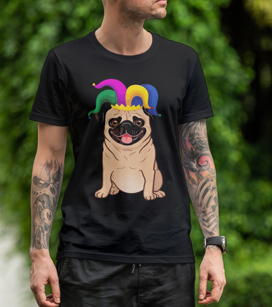 Pug Dog With Colorful Jester Hat For Mardi Gras T-Shirt