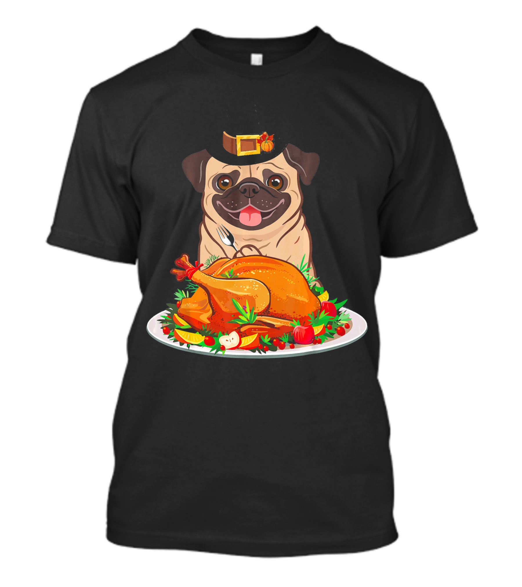 Pug Dog Pilgrim With Thanksgiving Turkey Feast T-Shirt