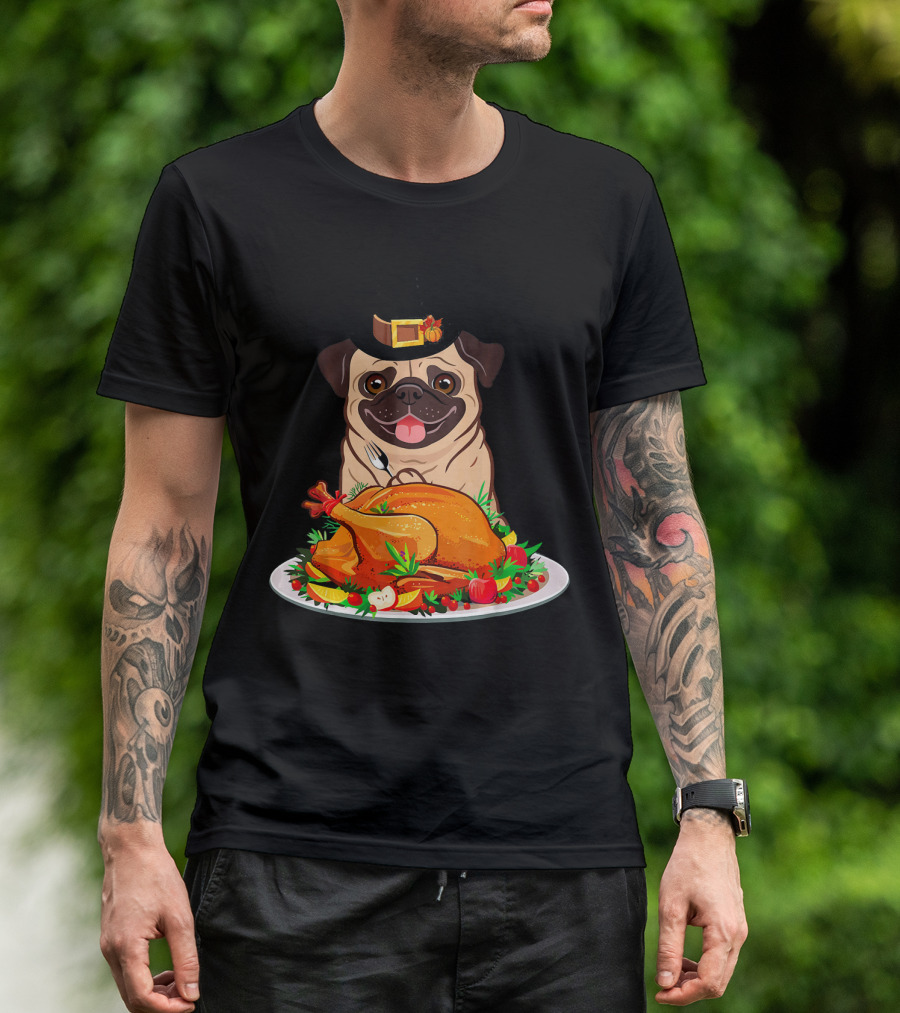 Pug Dog Pilgrim With Thanksgiving Turkey Feast T-Shirt