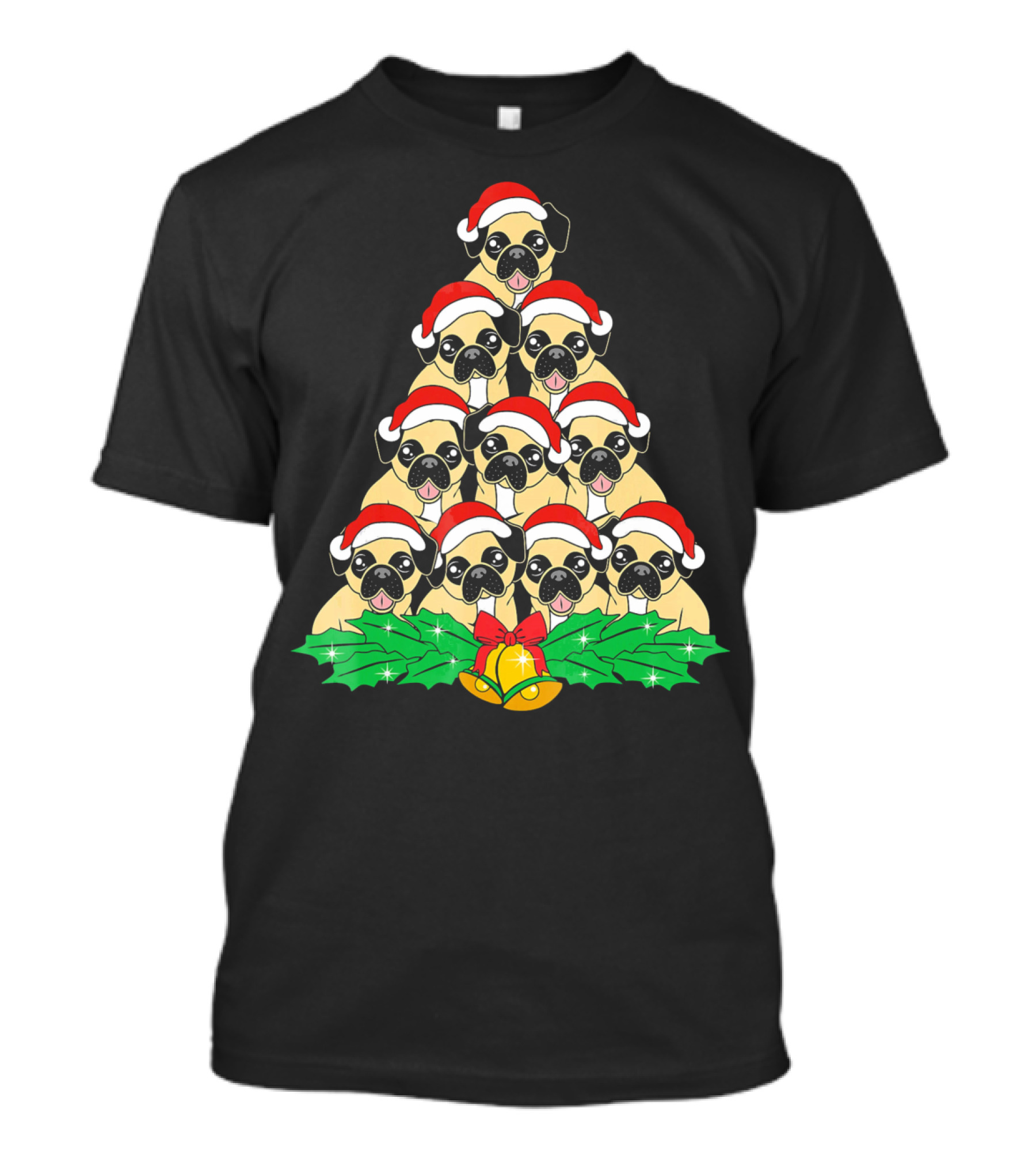 Pug Christmas Tree Santa Hat Dog Xmas Lover T-Shirt