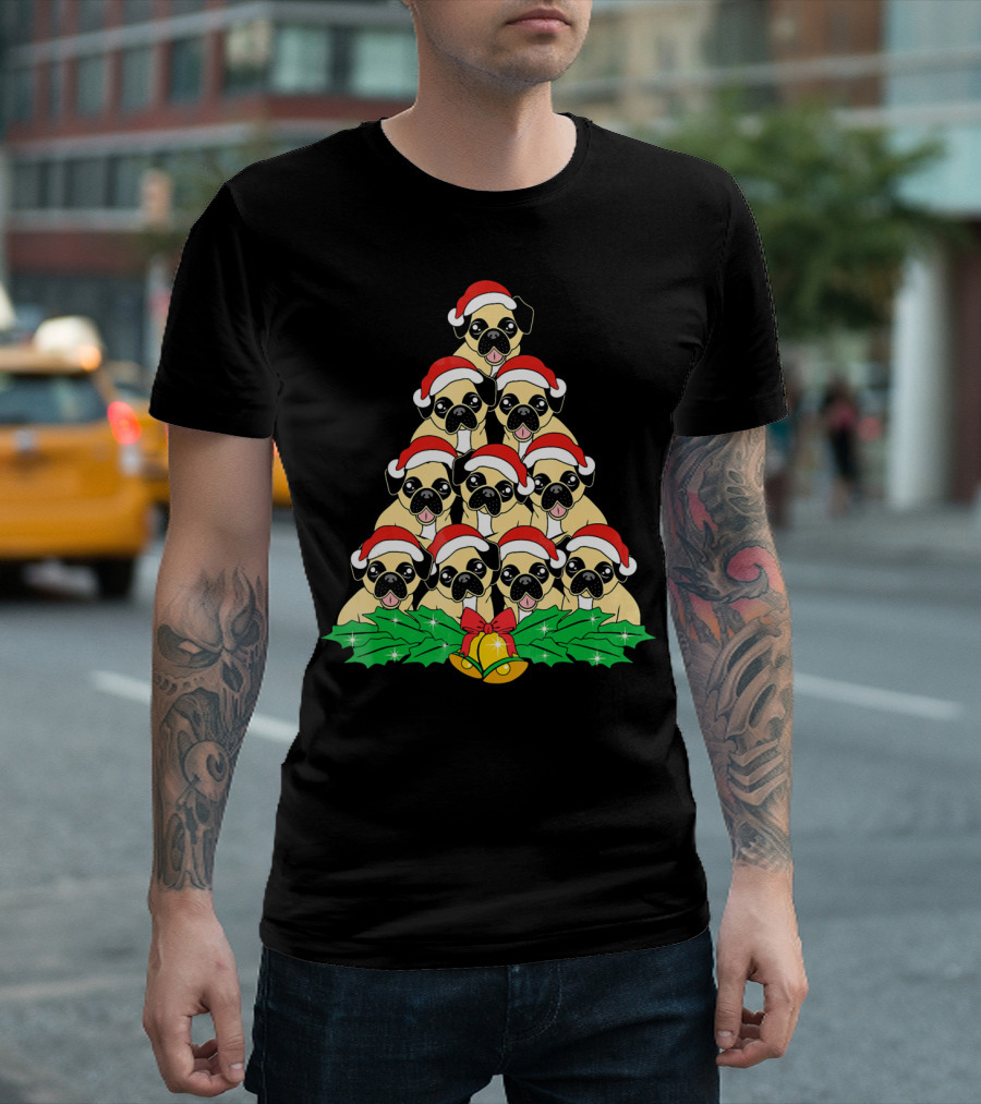 Pug Christmas Tree Santa Hat Dog Xmas Lover T-Shirt