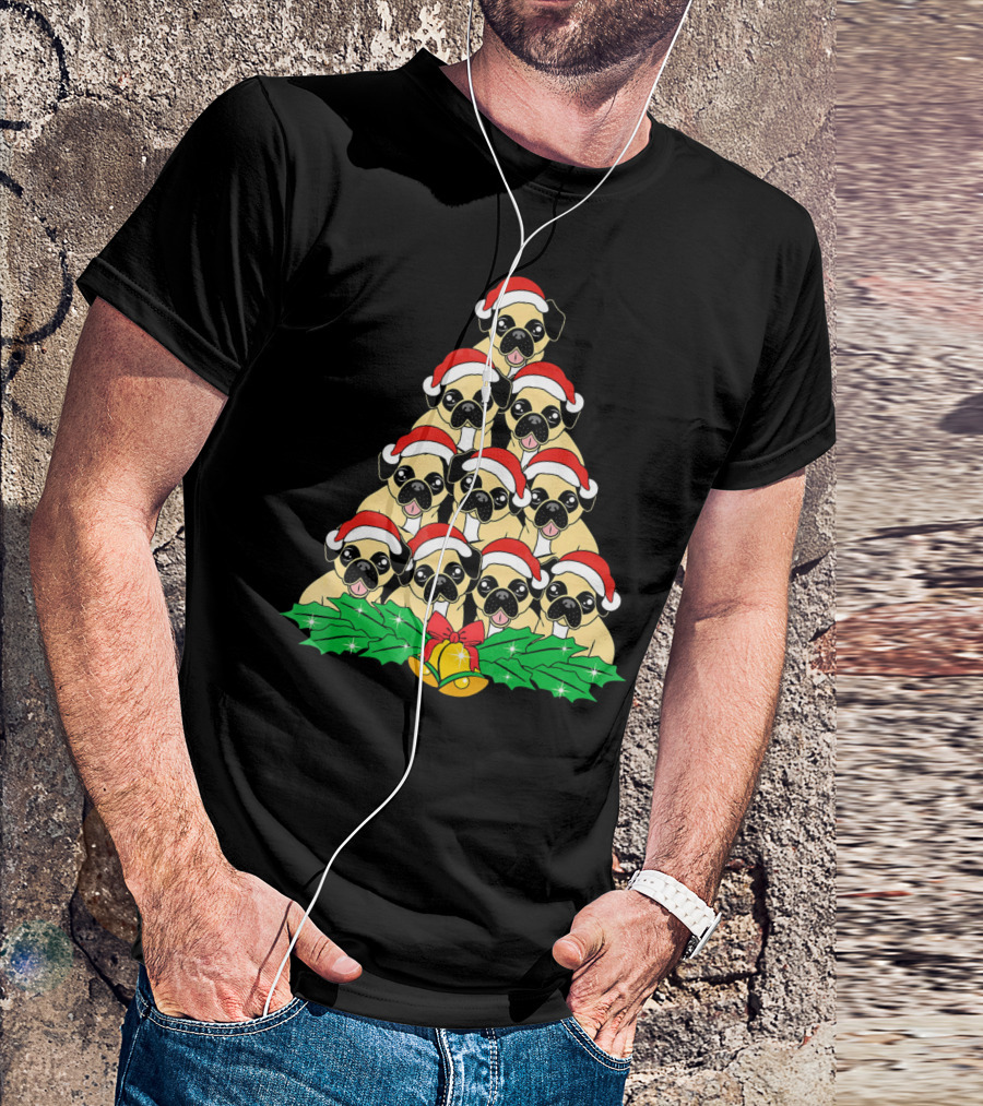 Pug Christmas Tree Santa Hat Dog Xmas Lover T-Shirt