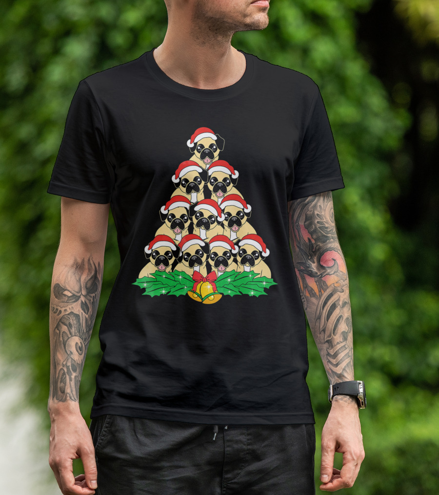 Pug Christmas Tree Santa Hat Dog Xmas Lover T-Shirt