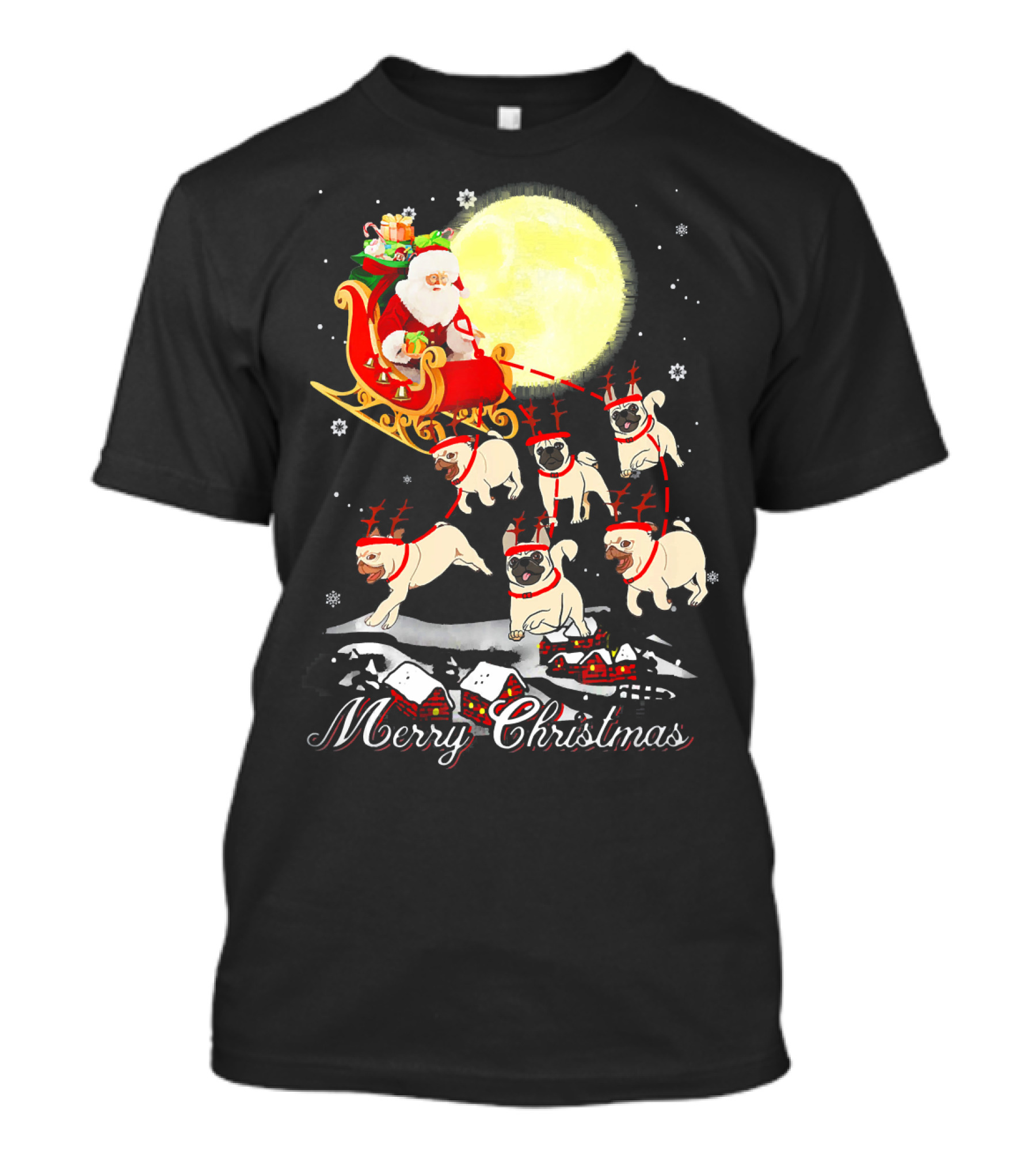 Merry Christmas Pug Reindeer Santa Sleigh Party T-Shirt