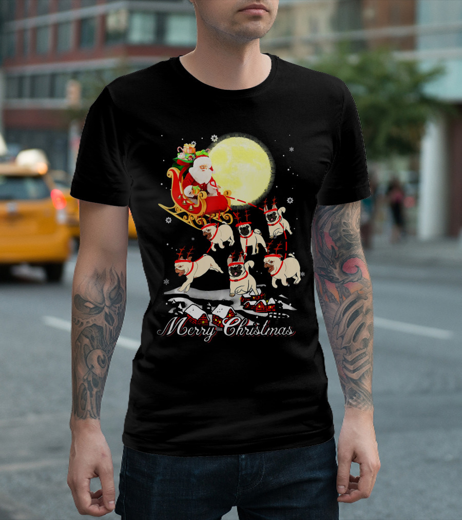 Merry Christmas Pug Reindeer Santa Sleigh Party T-Shirt