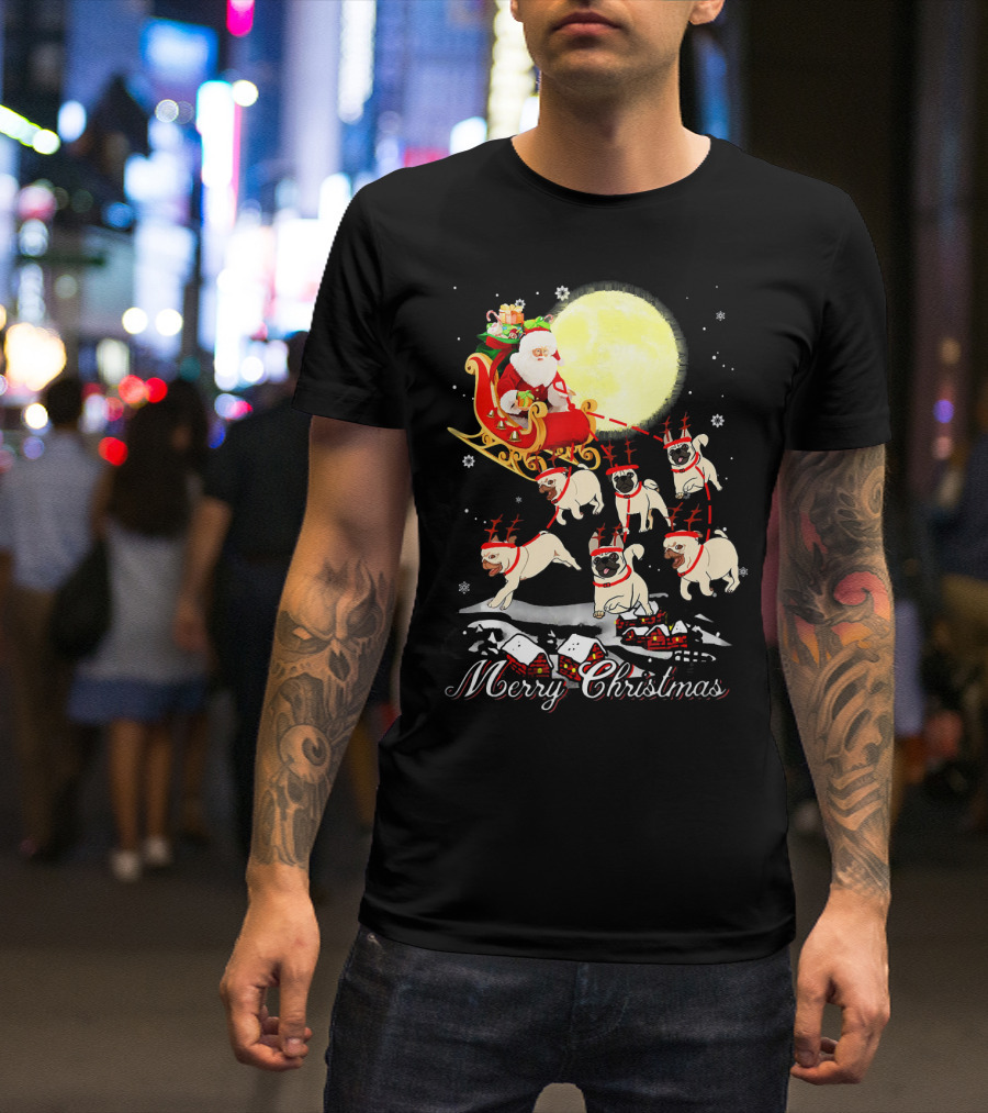 Merry Christmas Pug Reindeer Santa Sleigh Party T-Shirt