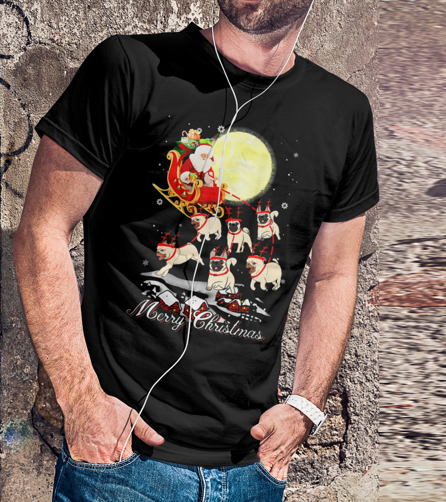 Merry Christmas Pug Reindeer Santa Sleigh Party T-Shirt
