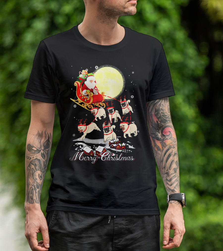 Merry Christmas Pug Reindeer Santa Sleigh Party T-Shirt