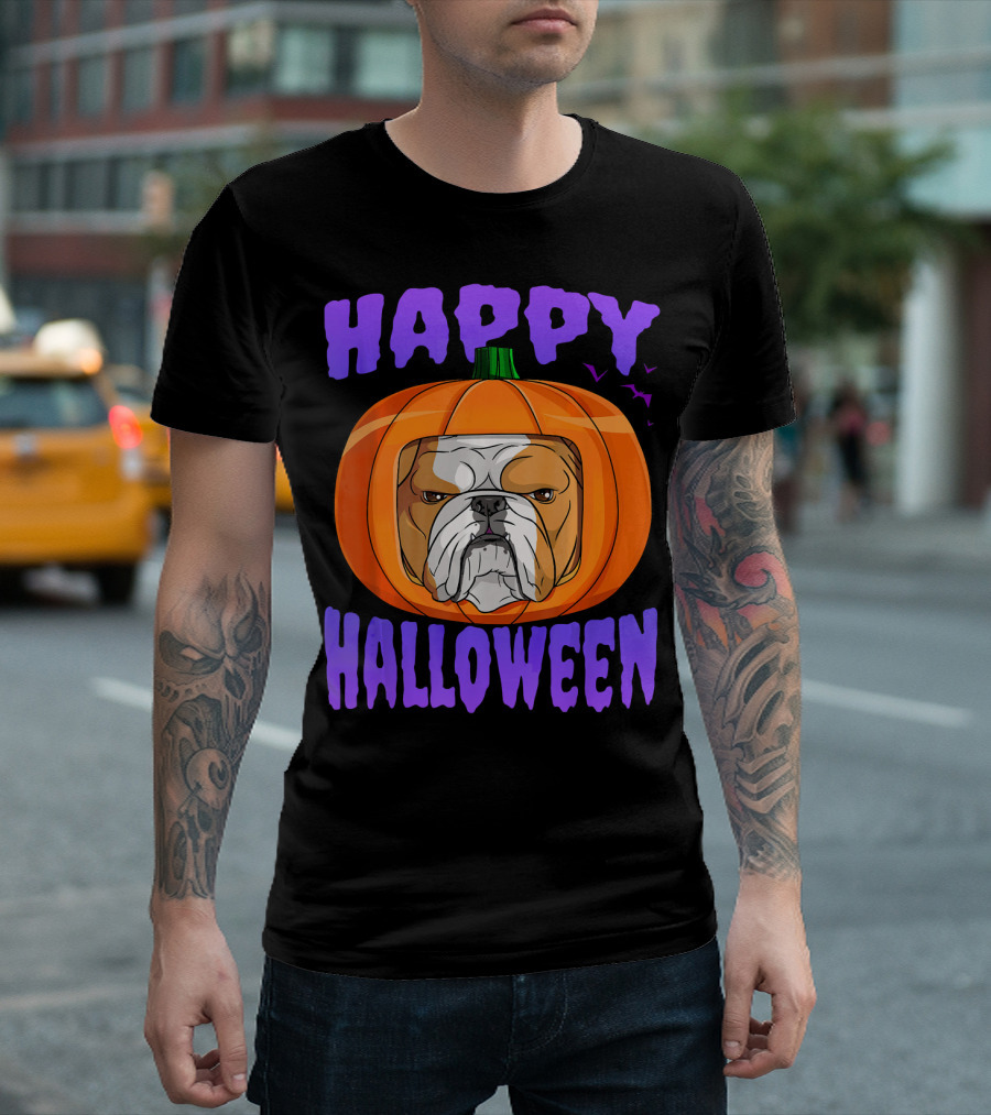 Happy Halloween English Bulldog Pumpkin Face T-Shirt