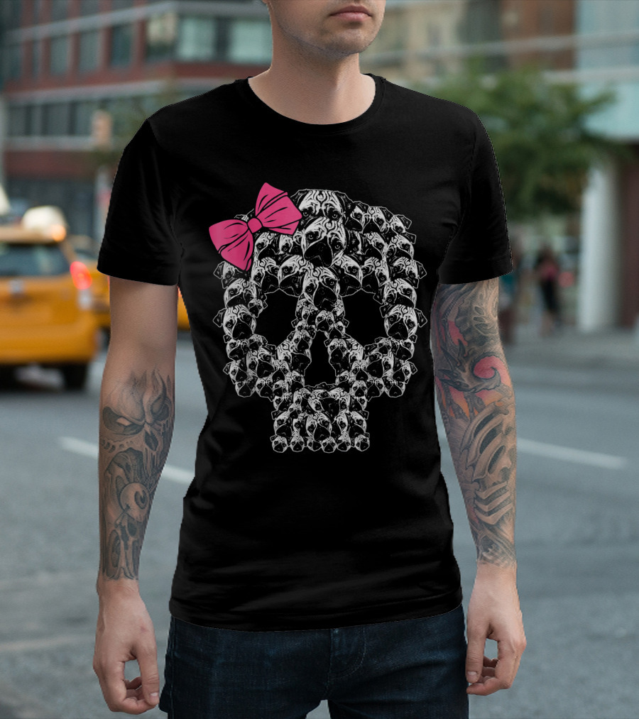 Pug Dog Skull with Pink Bow in Gothic Sugar T-Shirt