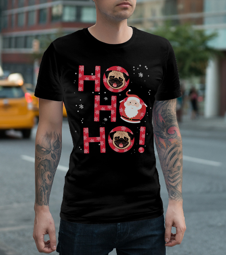 Ho Ho Ho Pug Dog With Santa And Snowflakes T-Shirt