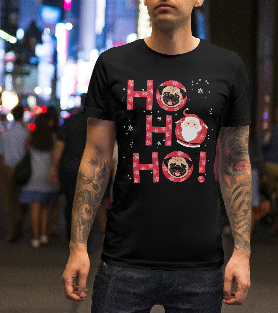 Ho Ho Ho Pug Dog With Santa And Snowflakes T-Shirt