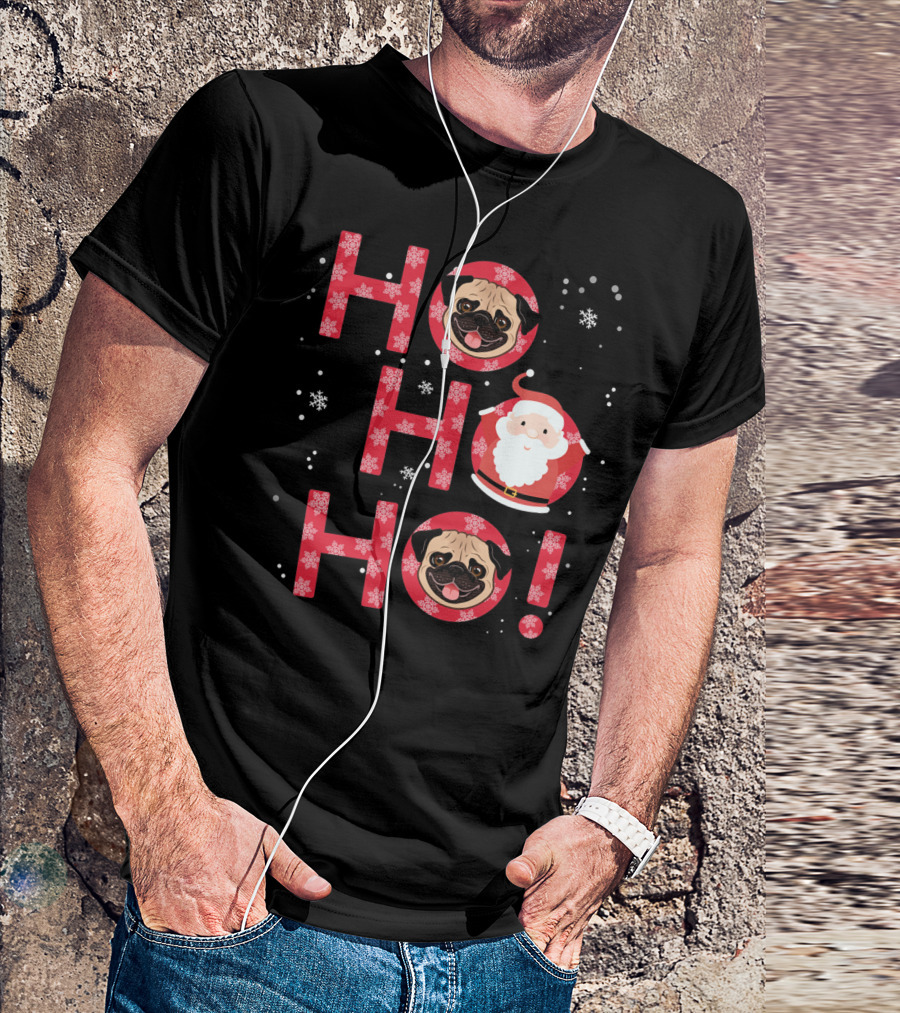 Ho Ho Ho Pug Dog With Santa And Snowflakes T-Shirt