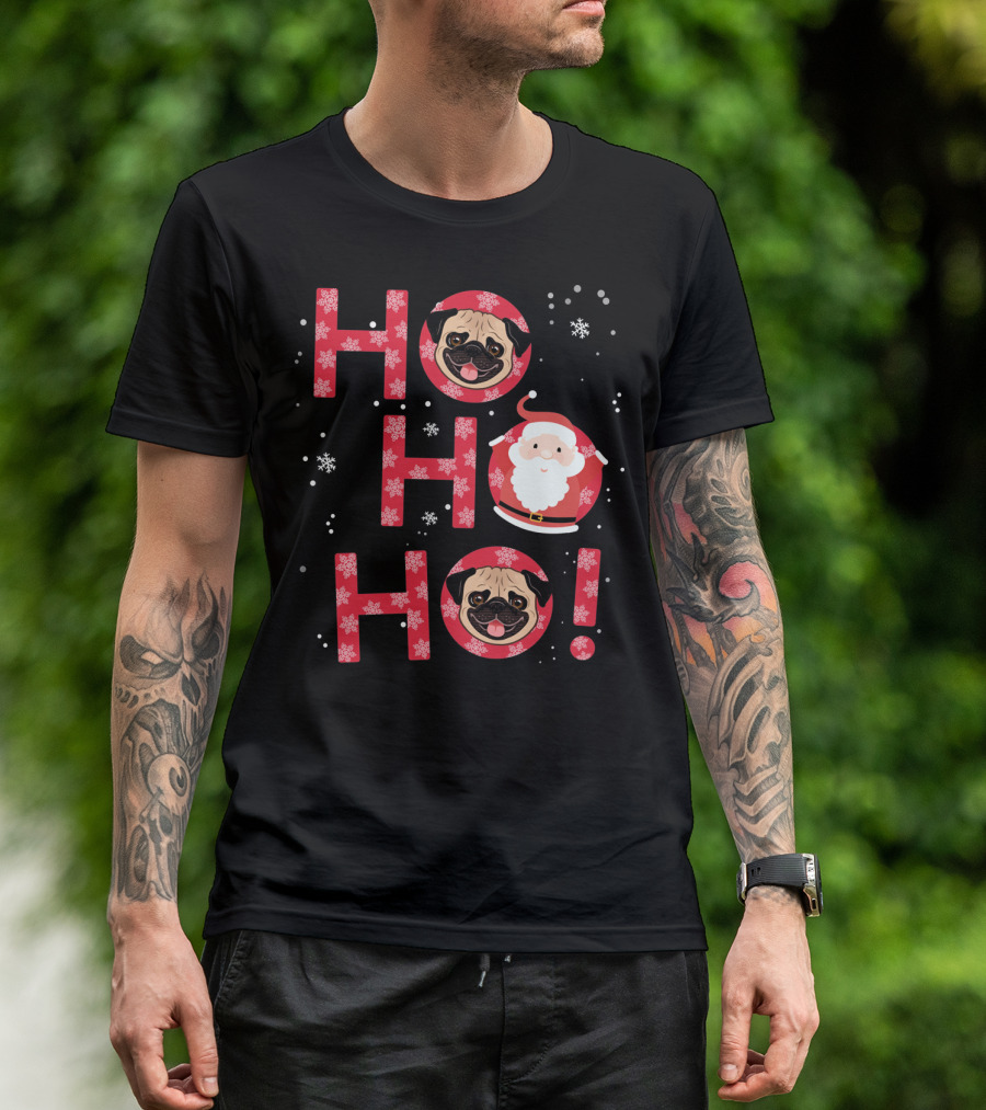 Ho Ho Ho Pug Dog With Santa And Snowflakes T-Shirt
