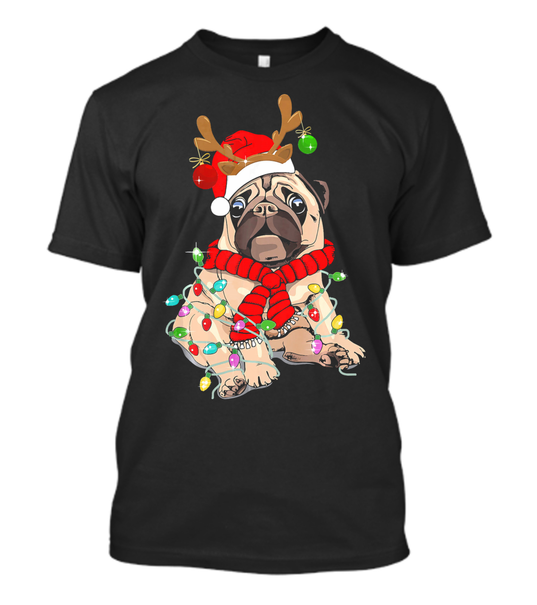 Pug Dog Christmas Funny Pug Lover Reindeer Lights And Santa Hat T-Shirt