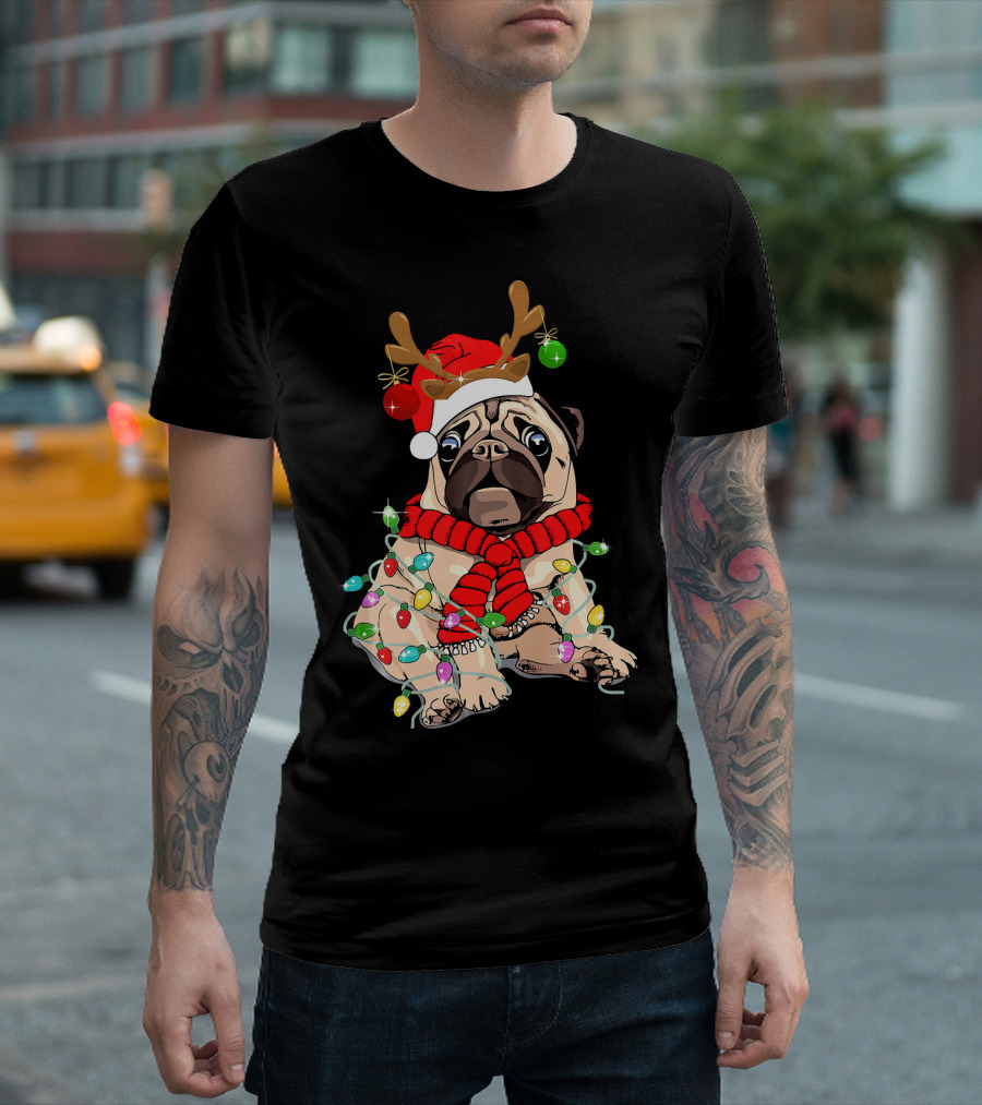 Pug Dog Christmas Funny Pug Lover Reindeer Lights And Santa Hat T-Shirt