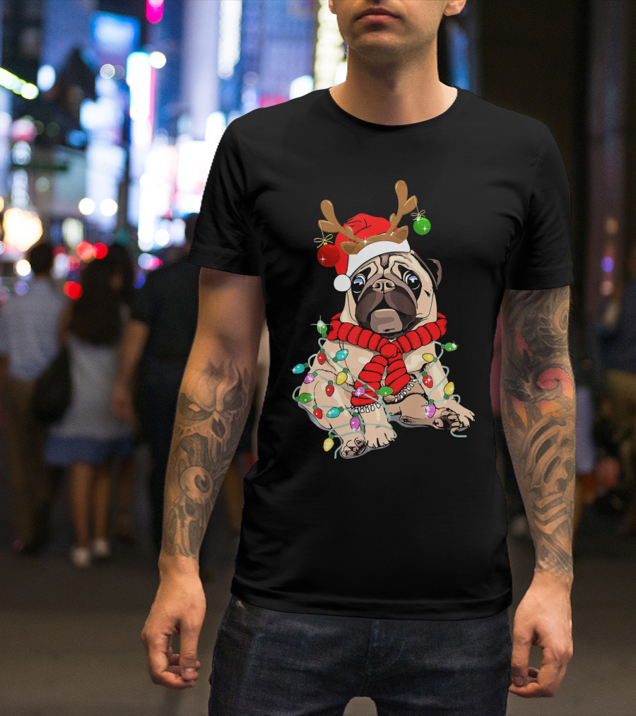 Pug Dog Christmas Funny Pug Lover Reindeer Lights And Santa Hat T-Shirt