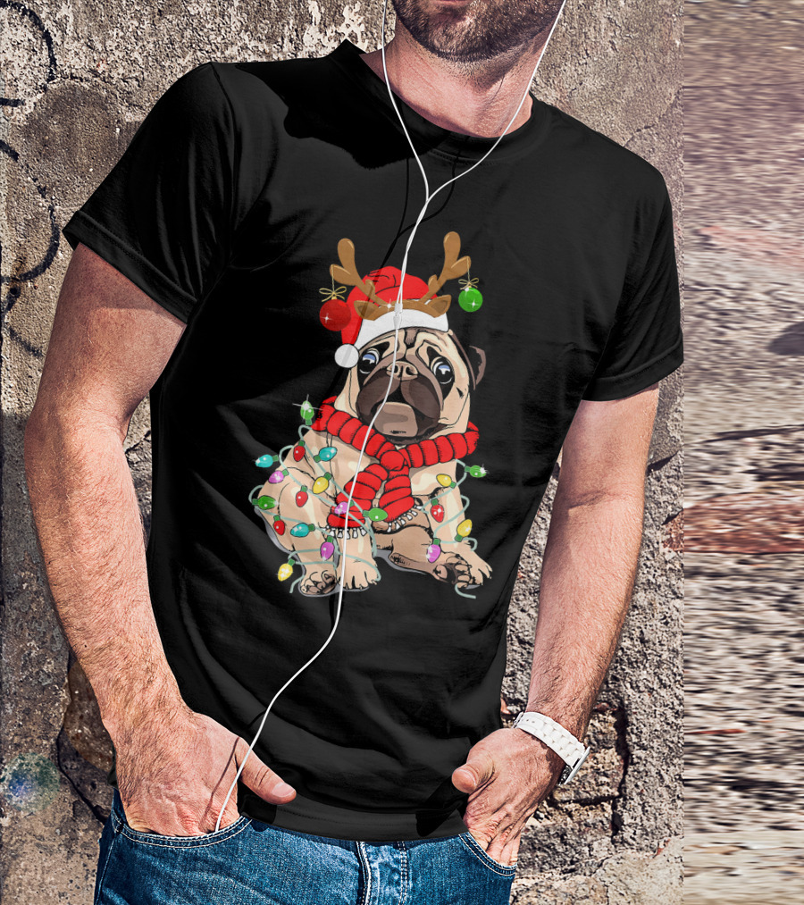 Pug Dog Christmas Funny Pug Lover Reindeer Lights And Santa Hat T-Shirt
