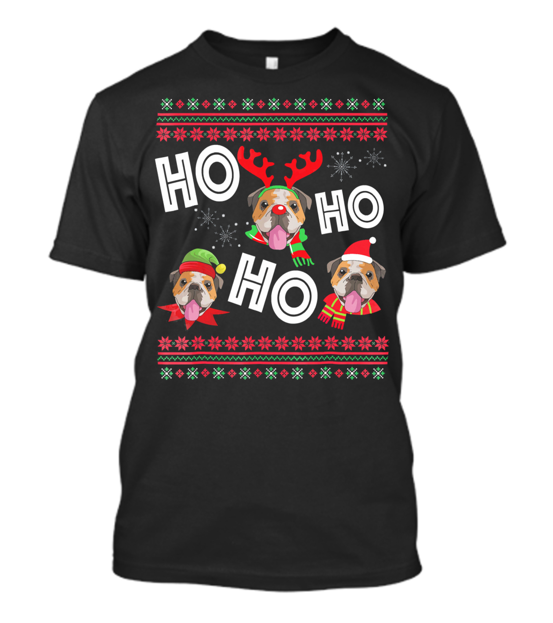 HO HO HO English Bulldog Christmas Reindeer Snowflakes Santa Hat T-Shirt