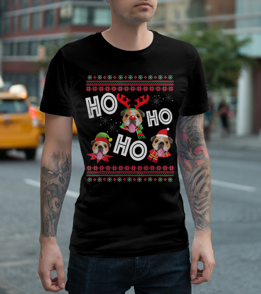 HO HO HO English Bulldog Christmas Reindeer Snowflakes Santa Hat T-Shirt