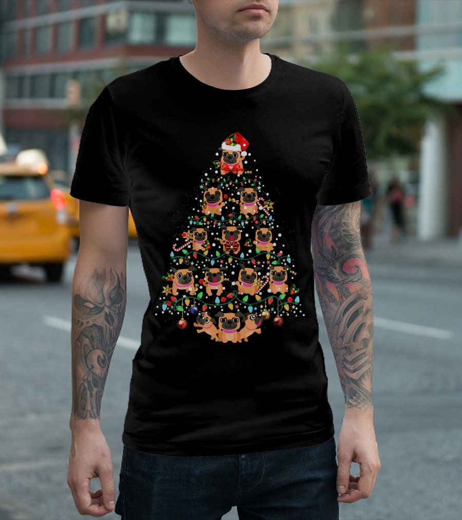 Pug Dog Christmas Tree Festive Santa Hat Candy Canes Holiday Lights T-Shirt