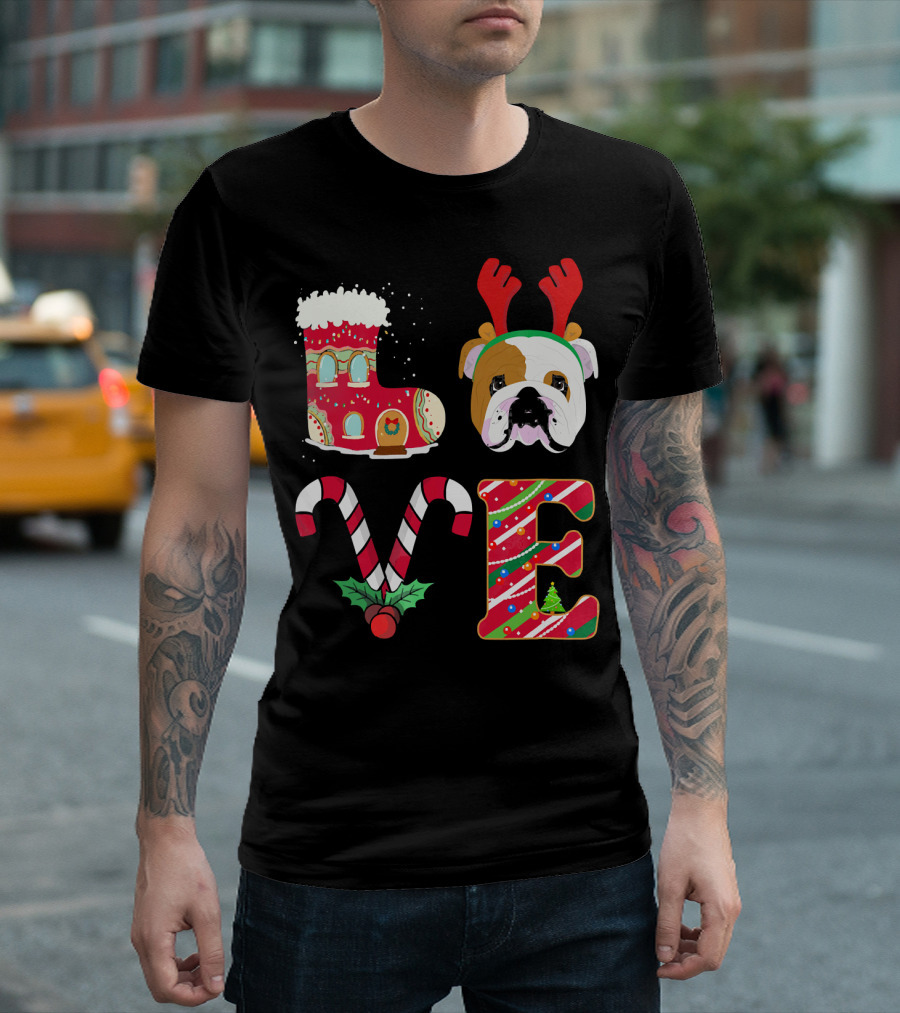 I Love My English Bulldog Christmas Reindeer Candy Cane Decor T-Shirt