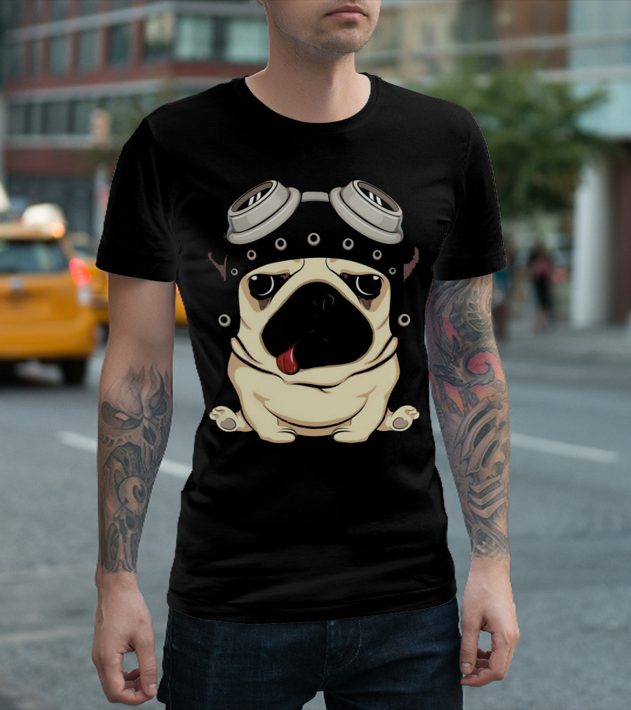 Pug Dog With Steampunk Aviator Goggles And Helmet T-Shirt