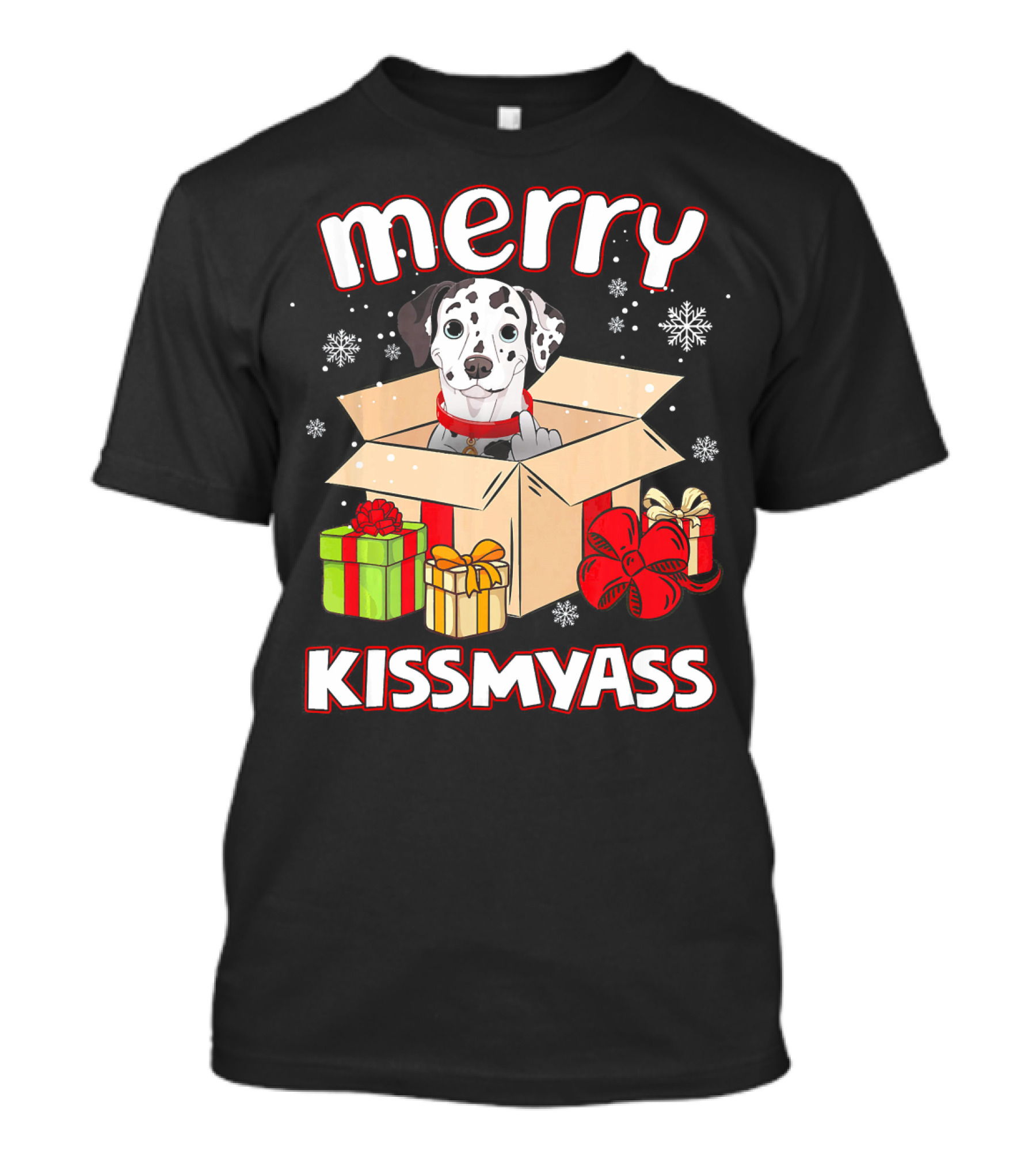 Merry Kissmyass Dalmatian In Christmas Present Box With Snowflakes And Gift Wraps T-Shirt