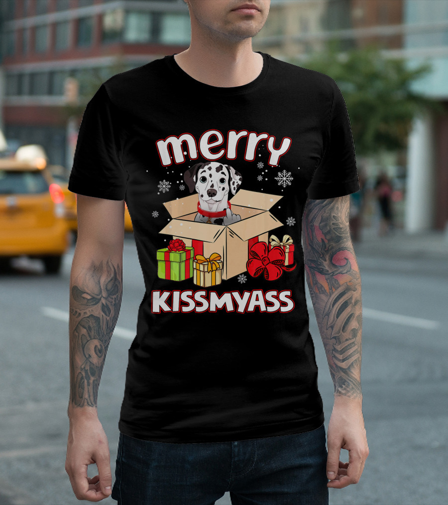 Merry Kissmyass Dalmatian In Christmas Present Box With Snowflakes And Gift Wraps T-Shirt