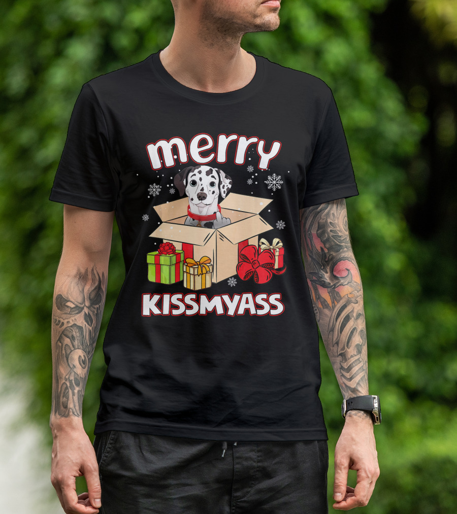 Merry Kissmyass Dalmatian In Christmas Present Box With Snowflakes And Gift Wraps T-Shirt