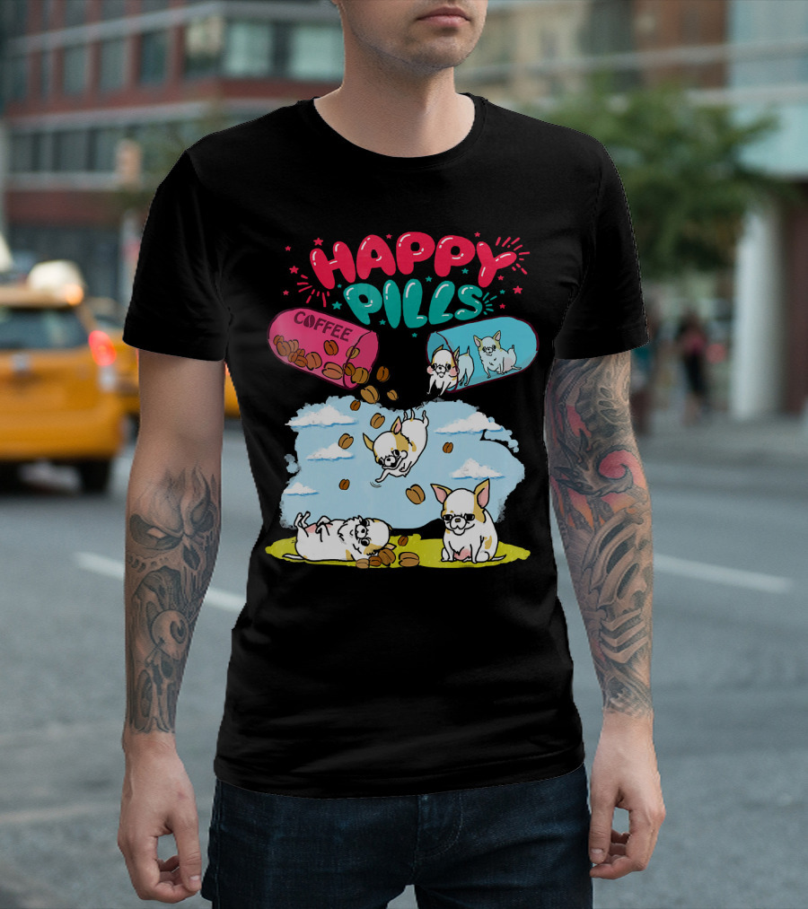Happy Pills Coffee Chihuahua Dogs with Flying Beans and Cloudy Sky T-Shirt