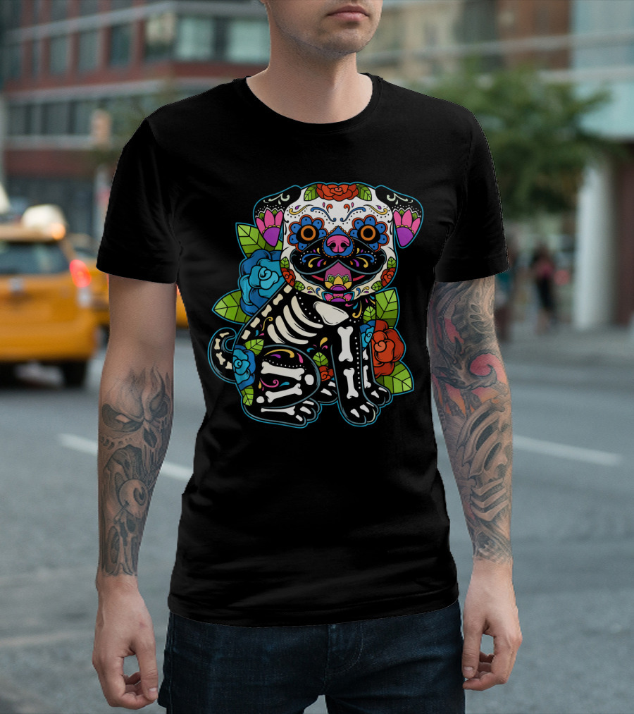 Pug Sugar Skull Calavera Dia De Los Muertos Mexico Dog T-Shirt