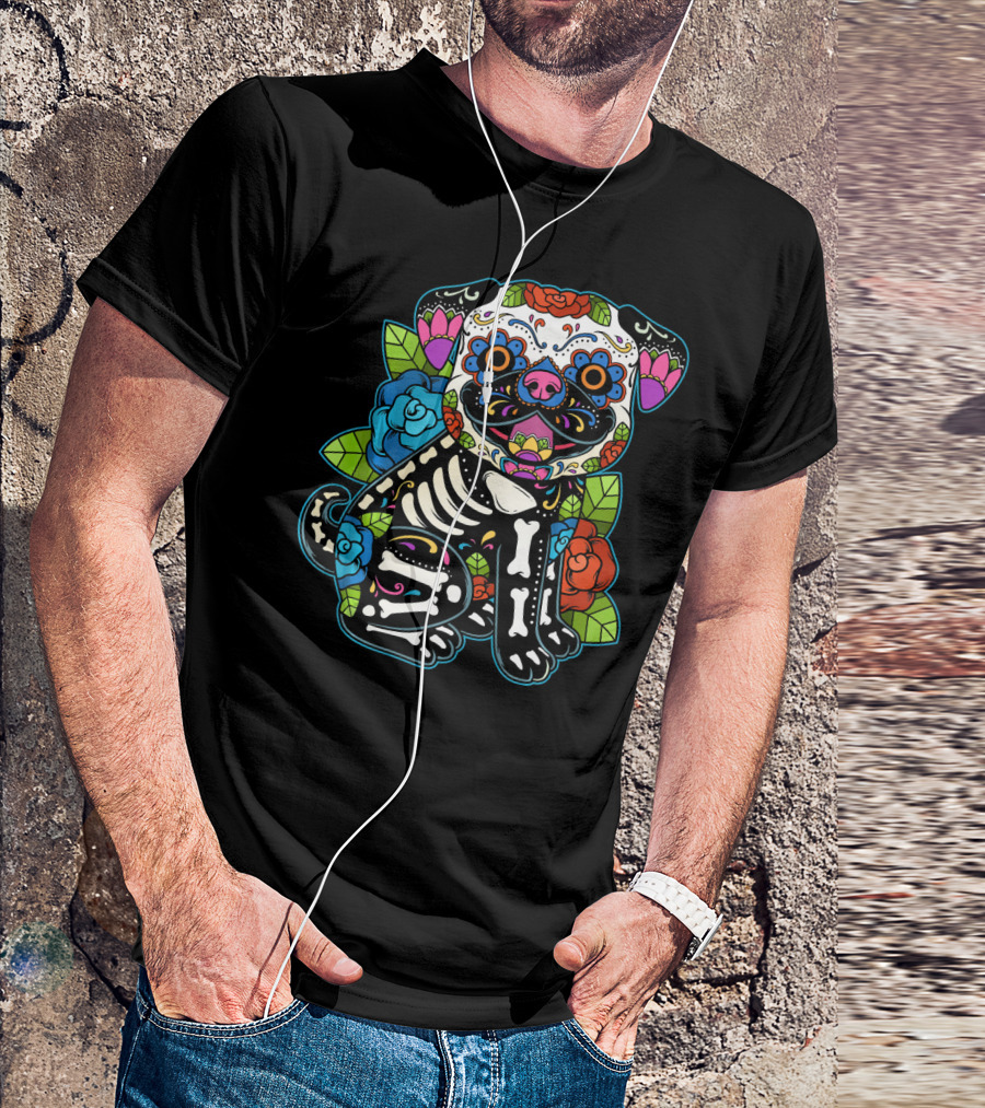 Pug Sugar Skull Calavera Dia De Los Muertos Mexico Dog T-Shirt