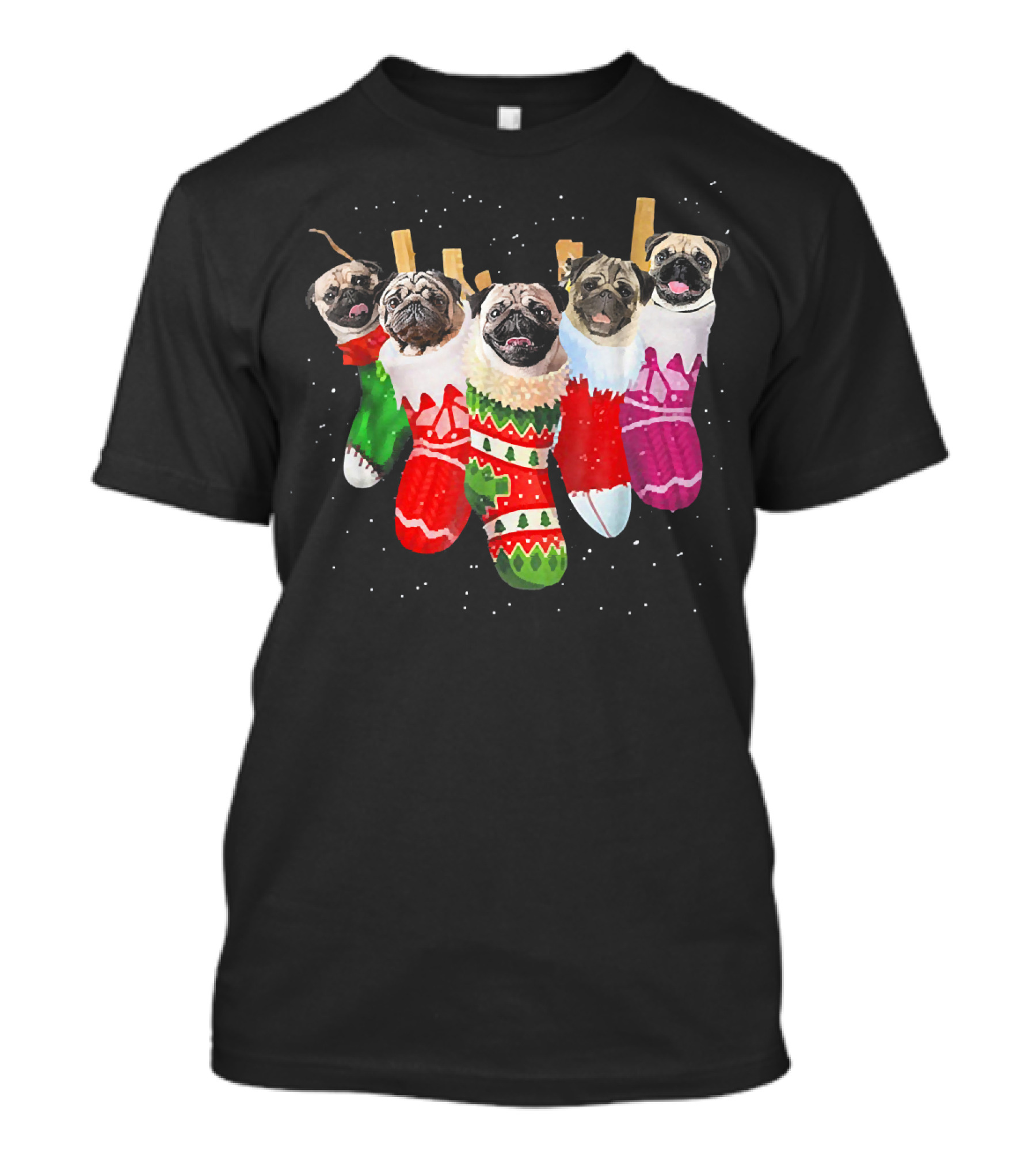 Pug Faces In Festive Christmas Stockings T-Shirt