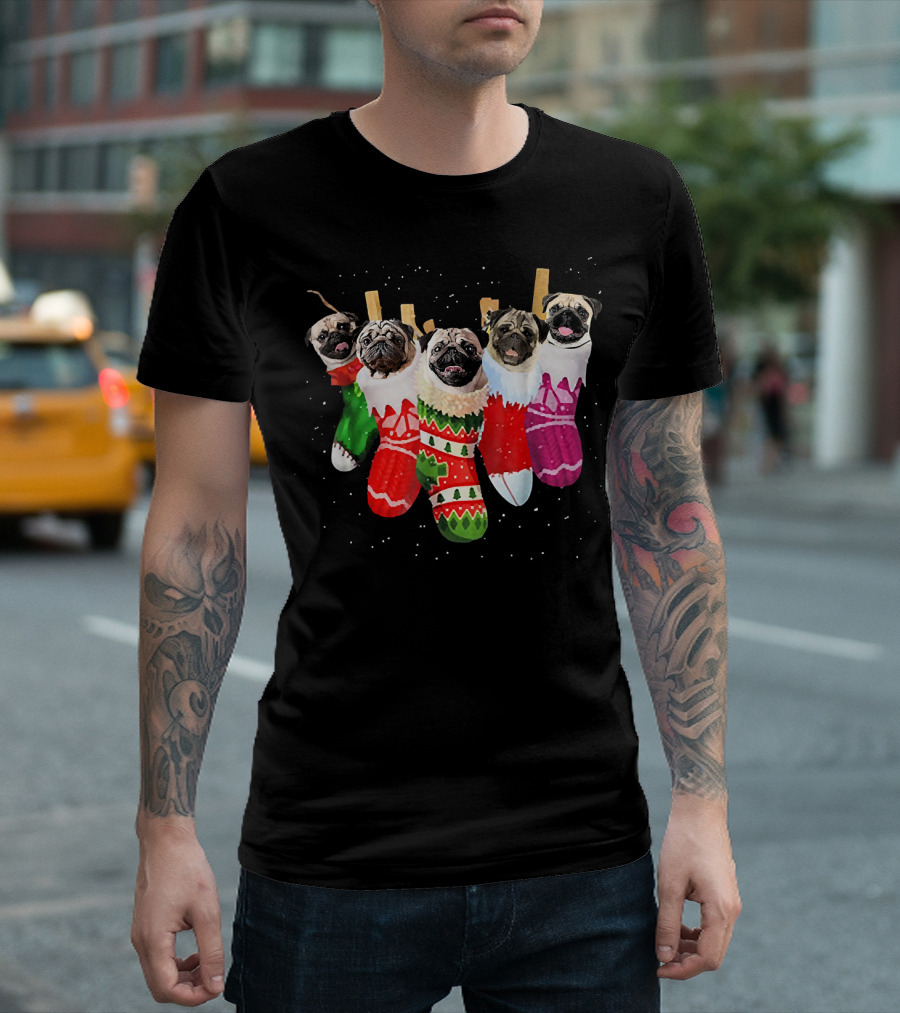 Pug Faces In Festive Christmas Stockings T-Shirt
