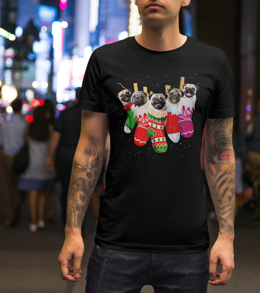 Pug Faces In Festive Christmas Stockings T-Shirt