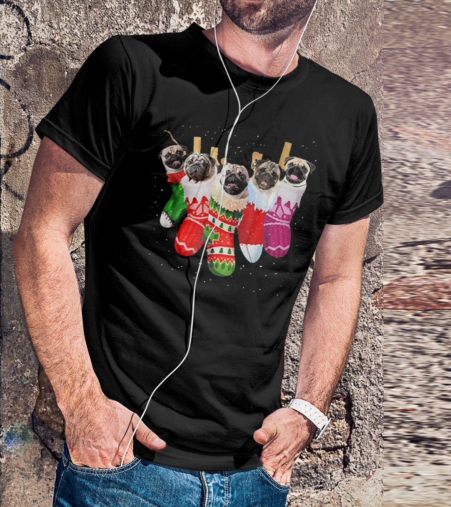 Pug Faces In Festive Christmas Stockings T-Shirt