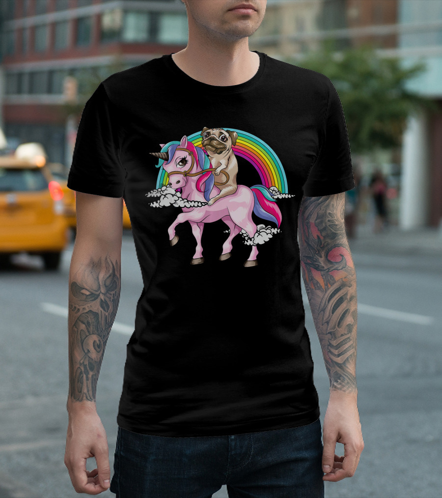 Pug Riding Unicorn Rainbow Pugacorn Dog Clouds And Magic Horse T-Shirt