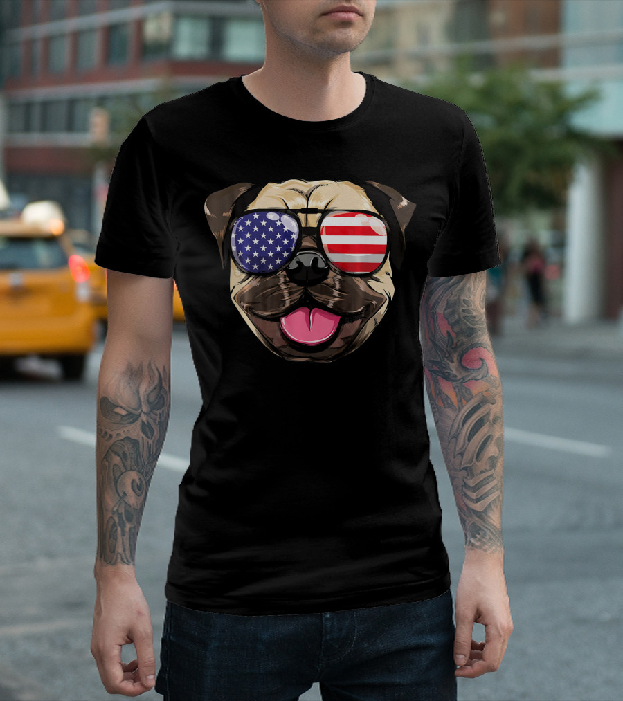 Pug Dog American Flag Sunglasses Patriotic T-Shirt