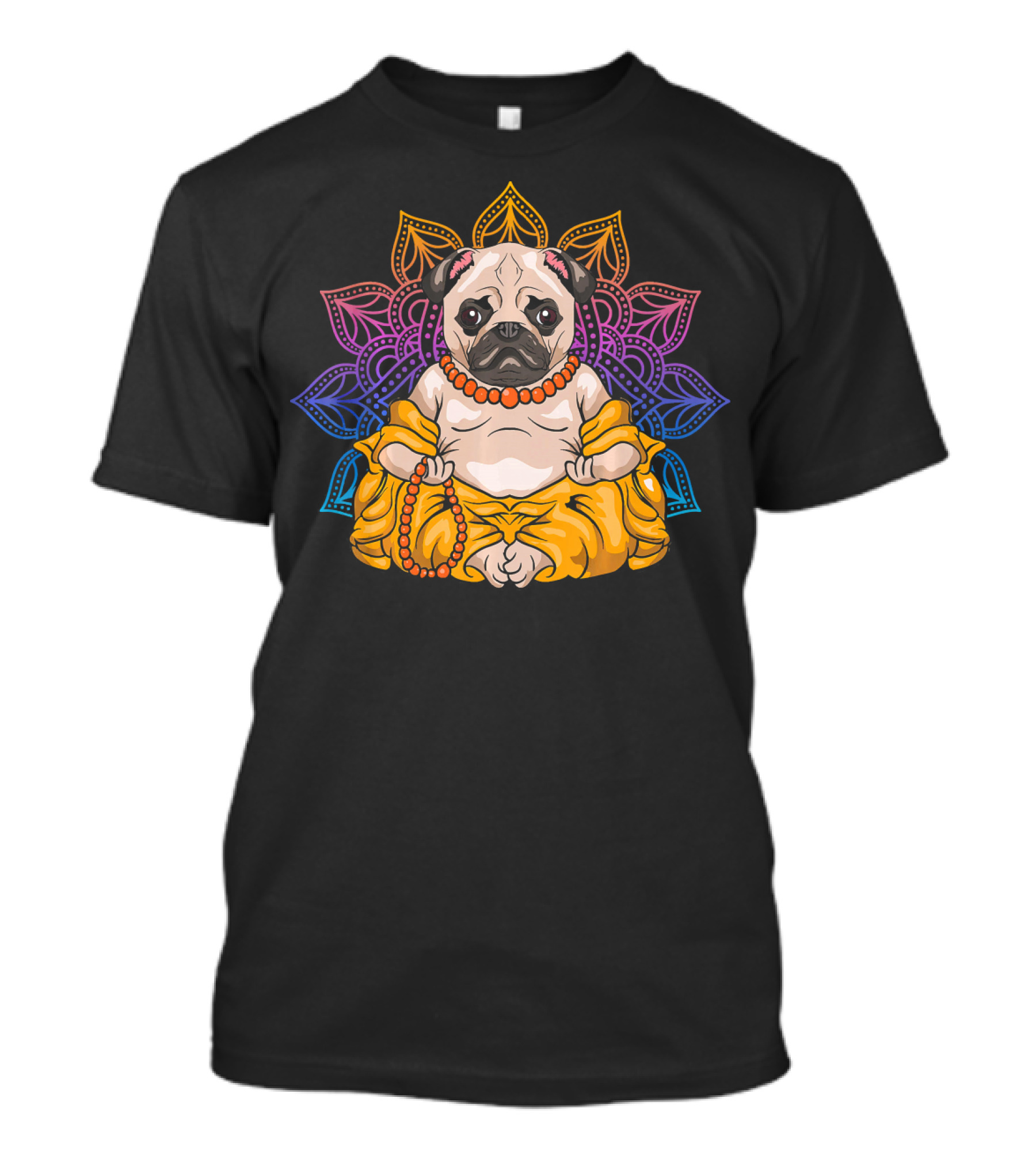 Pug Buddha Meditate Zen Meditati Mandala Rainbow Beads T-Shirt