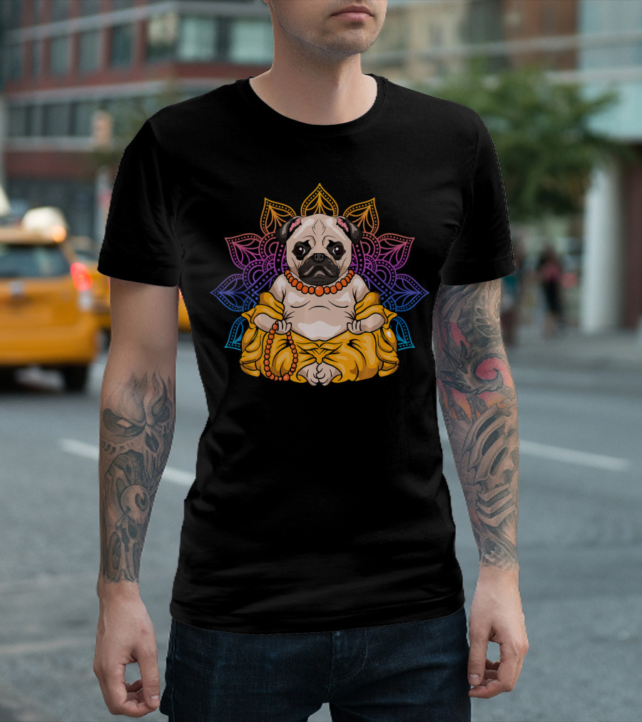 Pug Buddha Meditate Zen Meditati Mandala Rainbow Beads T-Shirt