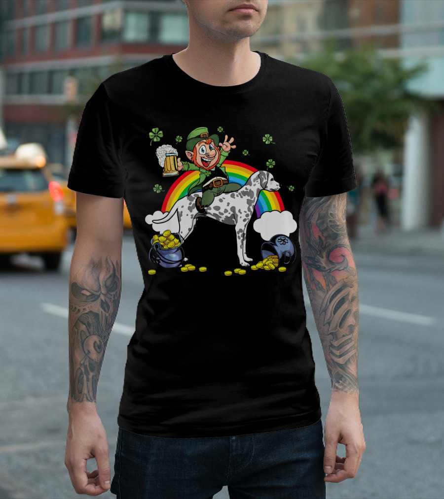 Leprechaun Celebrating on Dalmatian with Rainbow and Shamrocks T-Shirt